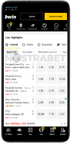 Sports section in Bwin Android app