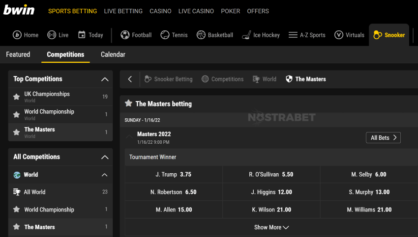 bwin masters snooker betting